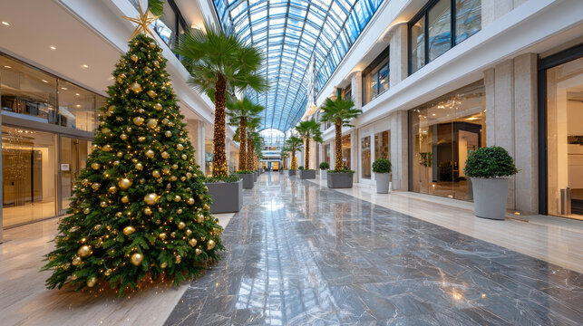 Christmas trees illuminating a festive shopping mall atrium, creating a luxurious holiday atmosphere for seasonal shopping and celebration, with copy space