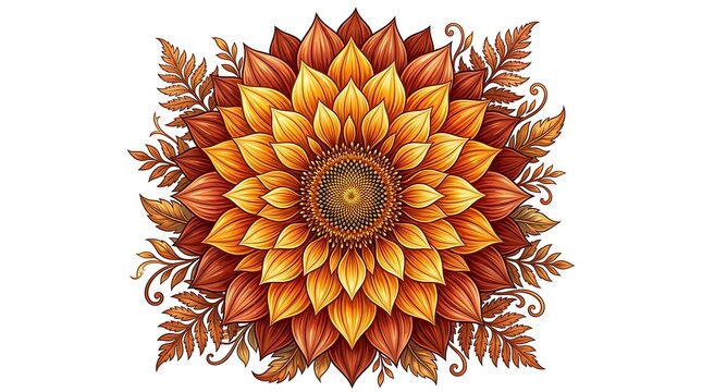 Detailed sunflower illustration with autumn colors and swirling petals isolated on transparent background
