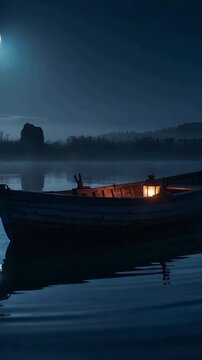 Vertical video: Rocking wooden rowboat with lit lantern, being nudged by breeze on lake under moon