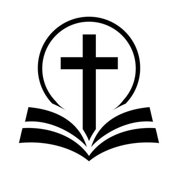 Black Christian symbol with cross open Bible and circular arch representing faith scripture and worship.