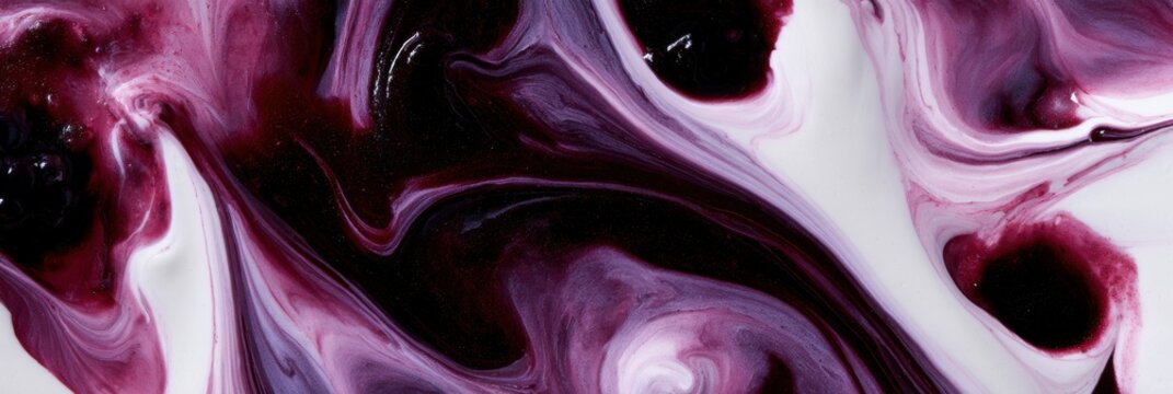 Blackberry coulis blends into cream creating patterns of dark purple-black and white. The mixture displays a marbling effect that captures attention.