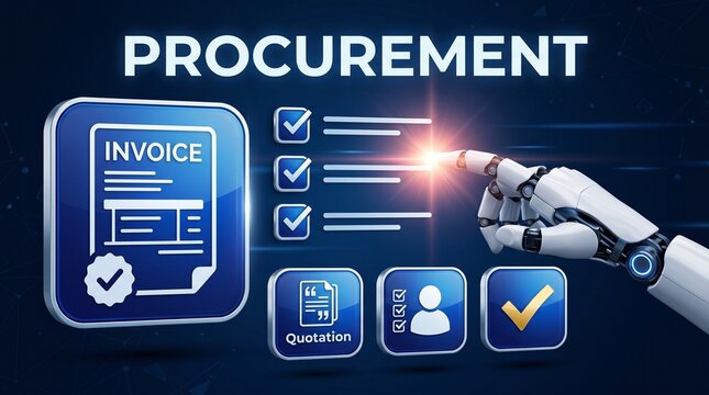 A robotic finger gently touches a digital procurement interface displaying an invoice, quotation, and profile files, symbolizing the future of automated business processes. Cyphers 