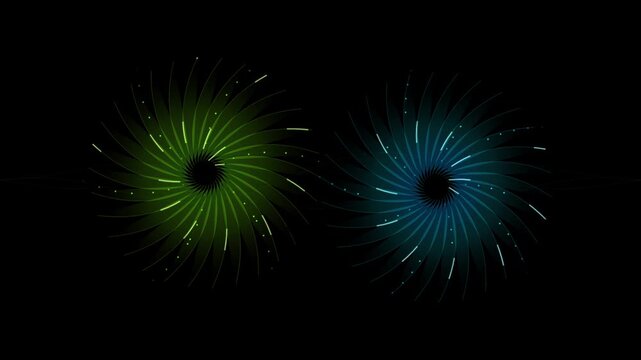Dual Abstract Glowing Aperture Turbine Loop Green and Blue Geometric Motion Background