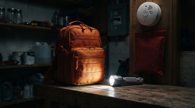 Orange emergency preparedness backpack and flashlight on a workbench in a dark basement