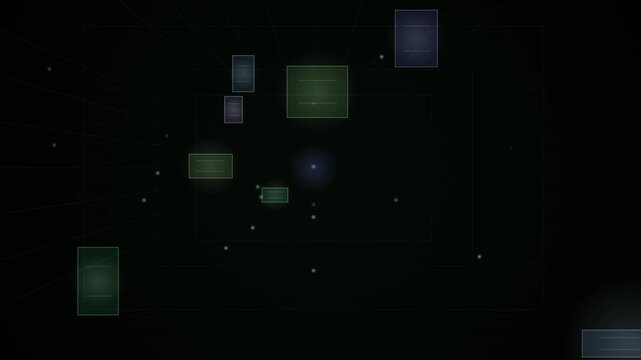 Abstract geometric squares drift and loop against a dark digital background.