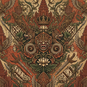 Majapahit Kingdom Symmetrical Pattern with Barong Naga Crown and Temple
