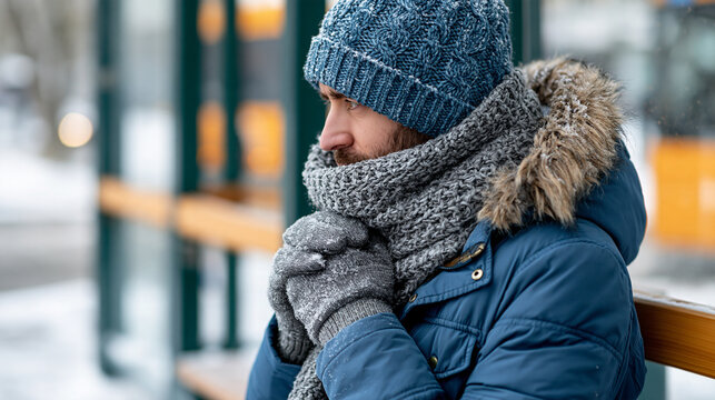 Faceless man wrapped in a scarf and winter jacket while shivering at a snowy bus stop, cold weather, winter discomfort, seasonal illness, public transportation, with copy space