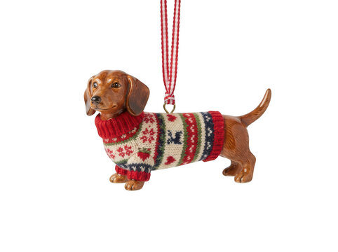A ceramic dachshund dog ornament wearing a colorful sweater isolated on transparent background. Perfect for holiday decor marketing and Christmas tree design elements.