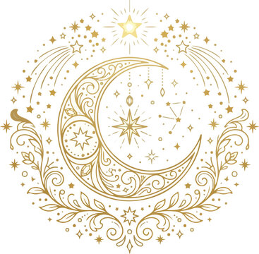 Mystical crescent moon with gold decorative stars and celestial ornaments in a circular design