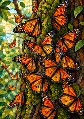 Fototapeta premium Many bright orange monarch butterflies resting on a mossy tree trunk in a lush green forest