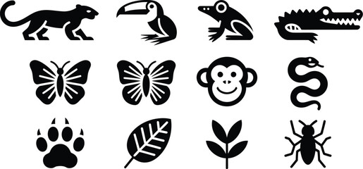 Fototapeta premium Jungle wildlife icons, solid jaguar toucan frog crocodile and bat symbols for tropical forest animals wildlife and nature themes.