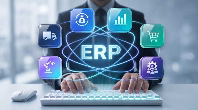 ERP platform visual showing centralized system for enterprise resource planning, improving integration, data flow, business efficiency, finance, inventory, and human resources. Elide 