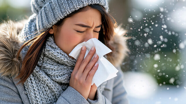 Young Asian woman in a winter coat sneezing into a tissue against a softly blurred snowy background, cold and flu symptoms, seasonal healthcare, winter wellness, with copy space