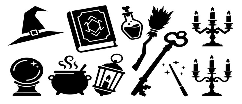 Enchanted Halloween Witchcraft Icon Collection with Magic Hat, Crystal Ball and Spellbook