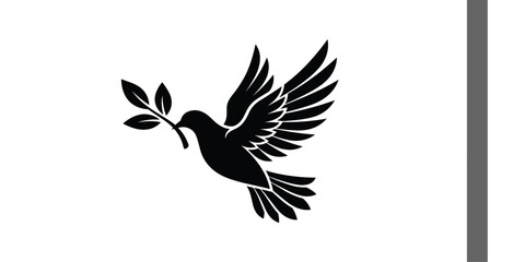 Fototapeta premium Peace dove flying with olive branch logo template. Black silhouette vector illustration of a bird in flight for hope, harmony, or wedding branding.