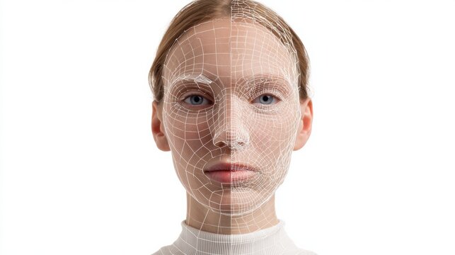 Frontal portrait split face wireframe meeting soft flesh, neutral expression with direct gaze, white turtleneck, studio lighting, mesh overlay mapping biometric contours, clinical yet vulnerable mood,