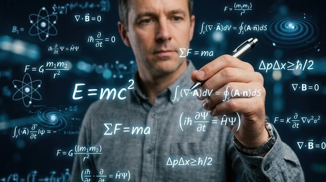 Math or physics teacher writing complex mathematical equations on a dark blue background.