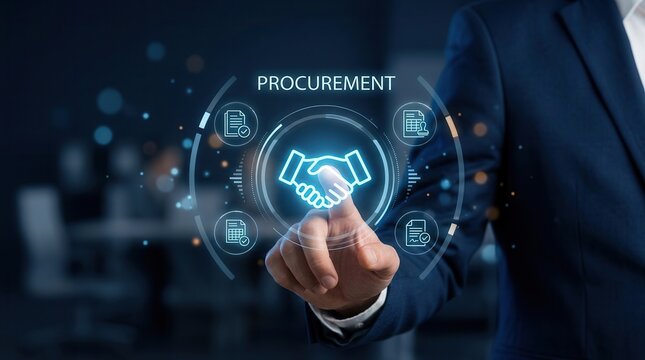 Businessman managing digital procurement process with contract, invoice, and approval documents.