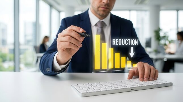Business professional analyzing cost reduction through a declining bar chart graphic.