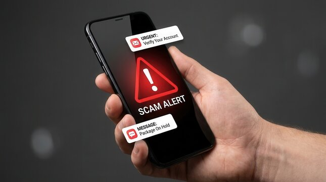 Smartphone displaying a scam alert and fake notifications for phishing and online fraud.