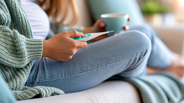 Woman taking her temperature with a digital thermometer while sitting on a sofa, fever symptoms, winter infection, home health monitoring, cold and flu season, with copy space