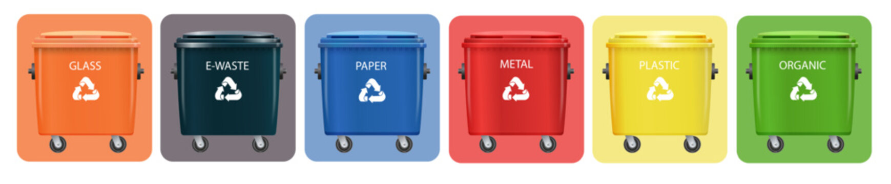 Sorted recycling containers set with yellow, blue, and red bins. Vector illustration of trash separation system for plastic bottles, cardboard boxes, and glass disposal concept.