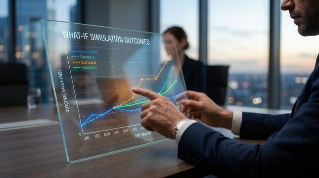 A visionary professional meticulously analyzing what-if simulation outcomes and dynamic scenarios.
