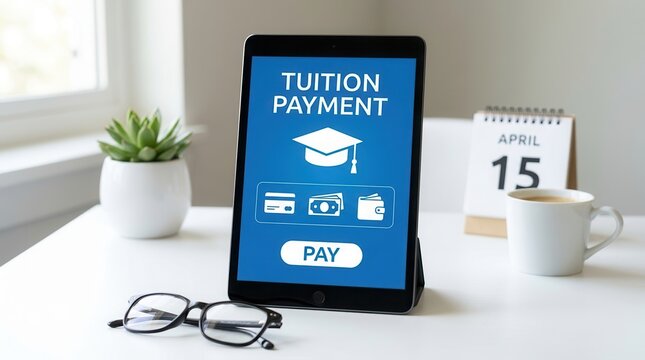 Tuition payment concept showing education and financial themes on a digital tablet.