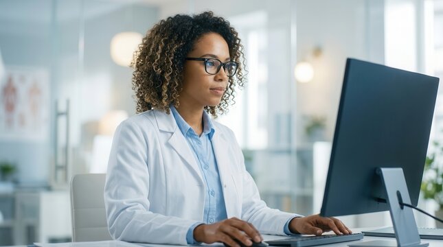 A diligent medical coder inputs billing codes while working in a serene well-lit office.