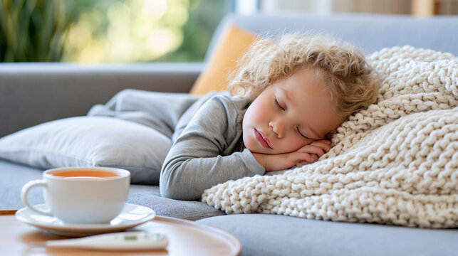 Child sleeping peacefully after fever while a thermometer and warm drink sit on a nearby table, pediatric recovery, childhood illness, winter flu, family healthcare, with copy