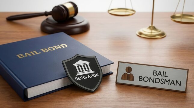 Legal proceedings concept featuring a bail bond folder, gavel, and scales of justice.