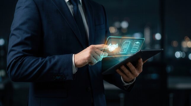 Businessman managing digital procurement process with business contracts and invoices.