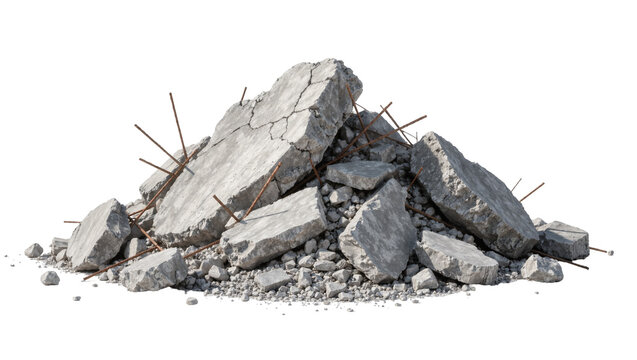 Pile of broken concrete slabs with rebar debris, isolated on transparent background