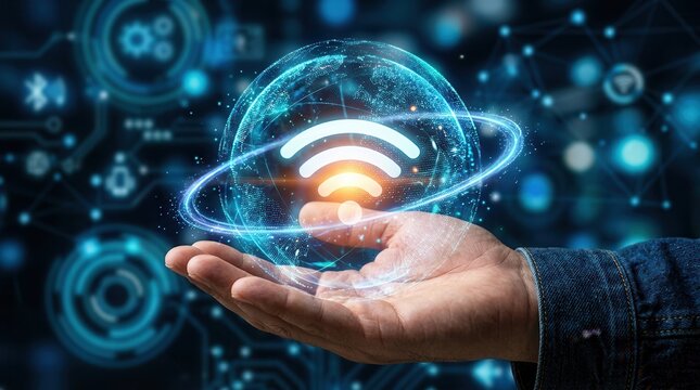 A digital WiFi icon held in a hand representing high speed WiFi connection and wireless internet technology.
