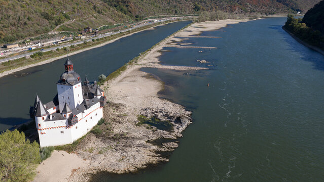 Aerial view of Rhine Low Water Bottleneck at Kaub with Burg Pfalzgrafenstein