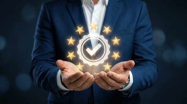 Businessman holding a glowing certified mark and stars representing quality standard compliance.