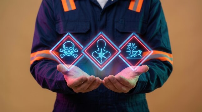 Safety staff presenting hazardous substance signs to inform workers about materials safety data sheets.