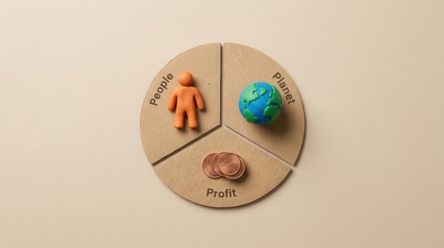 Triple bottom line concept featuring an earth globe, people figure, and coins on cardboard.