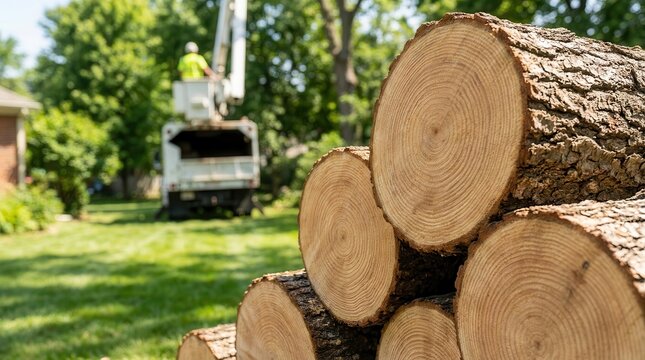 Professional tree removal service team working with wood chipper and cut logs in a residential backyard.