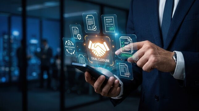 Businessman managing digital procurement process with business contract and invoice.