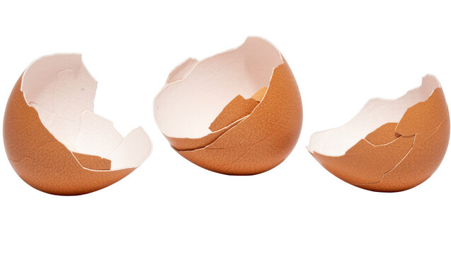 Broken brown eggshells remnants of breakfast, isolated on transparent background