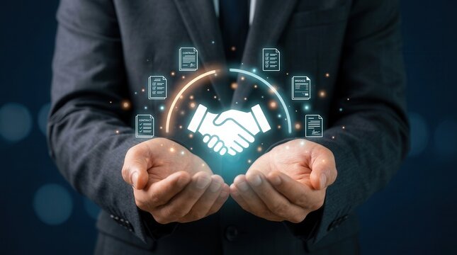 Businessman managing digital procurement process with contract and invoice documents.