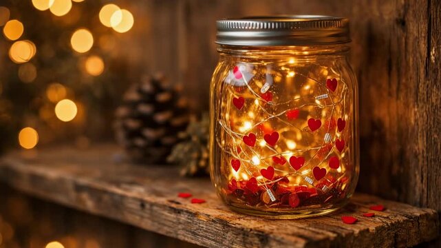 Mason jar filled with heart string lights on a rustic wooden shelf beside a pinecone and warm bokeh lights, cozy romantic home decor