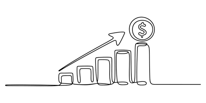 Continuous one line drawing of a growing bar chart with a dollar coin symbol