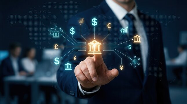 Businessman interacting with a virtual global currency exchange and international money transfer interface.