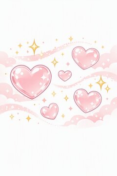 Pink glossy hearts with sparkles and pastel clouds romantic background for valentine greeting card poster and social media design