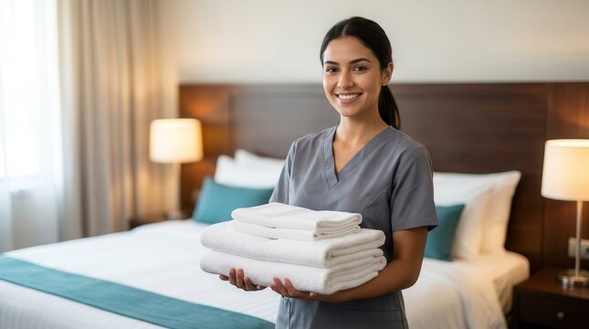 Smiling hotel housekeeper holding folded white linens in a modern bedroom.