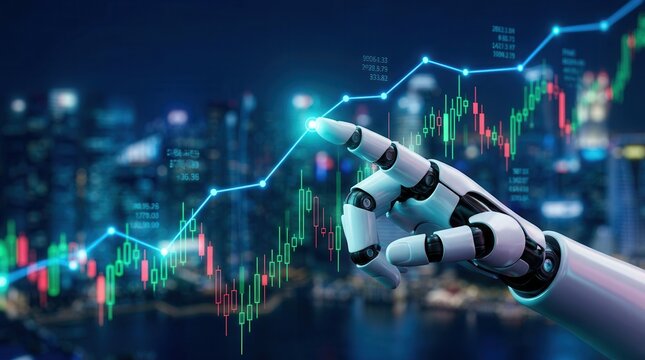 Futuristic robotic hand interacting with a digital financial chart showing stock market growth.