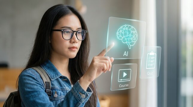 Young female student interacting with a futuristic AI interface for online learning.