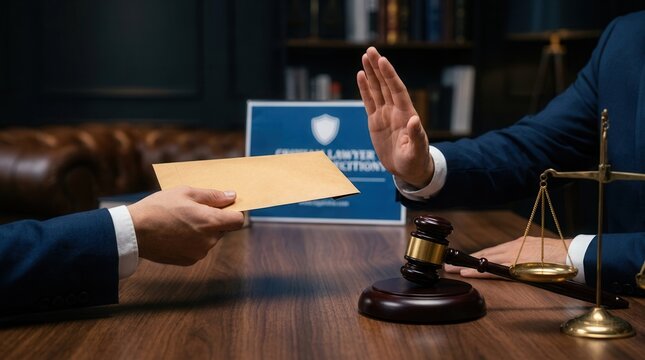 A hand refusing a bribe next to a gavel and scales of justice for legal compliance.